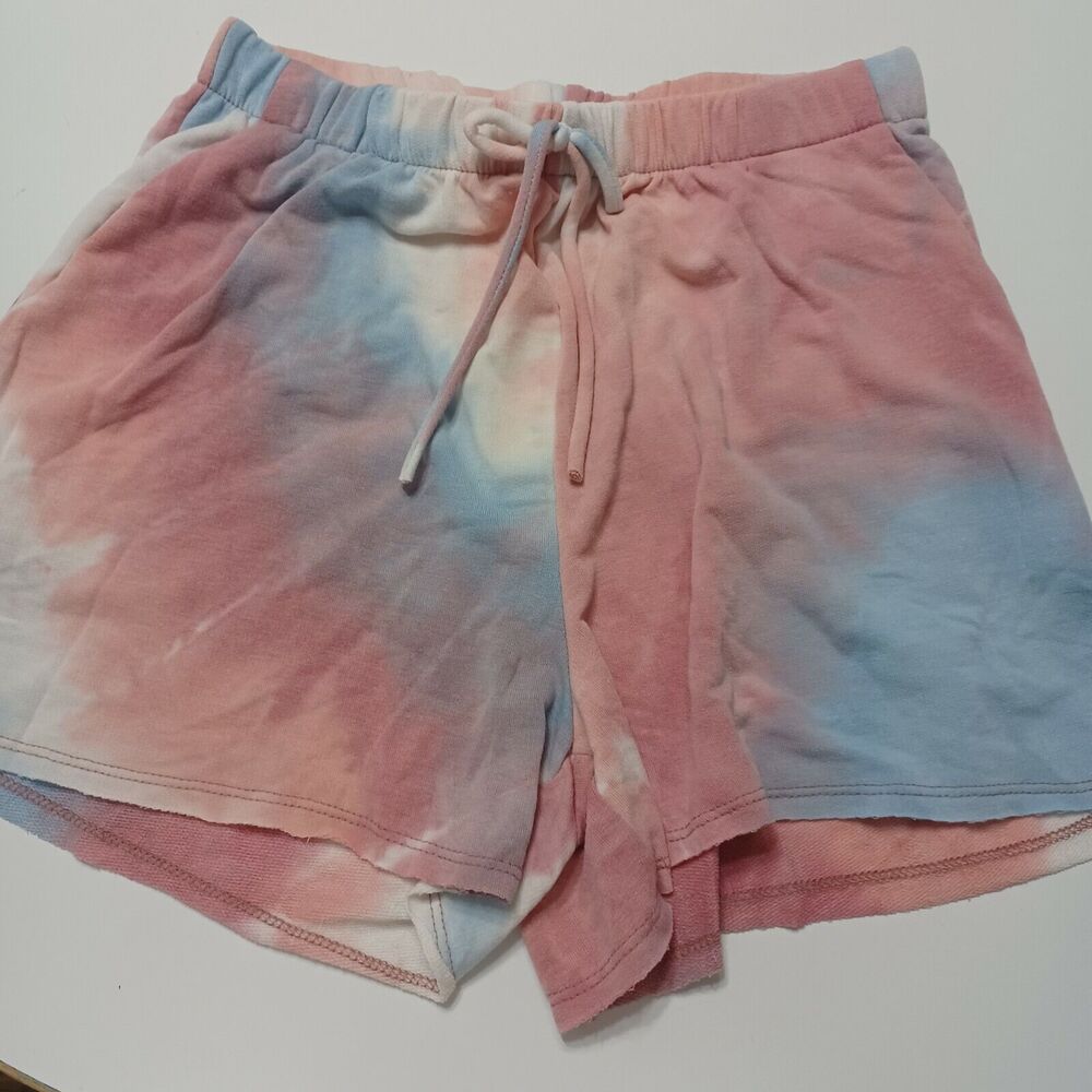 Hem Thread Bottom Women Medium Shorty Shorts White Tie Dye Elastic Waist Pockets